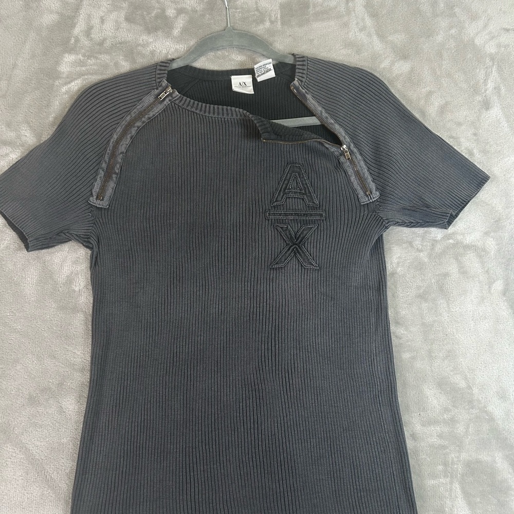 Armani Exchange Charcoal Knit ribbed sweater Top with zipper details - Picture 2 of 9